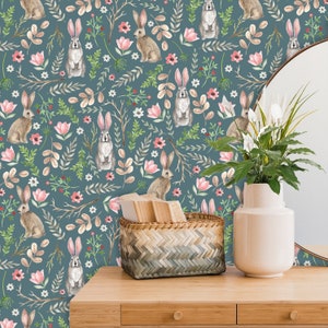 Floral Removable wallpaper | Vintage Peel and Stick Wall Paper for Bedroom or Living room | Rabbit Wall Art # 397