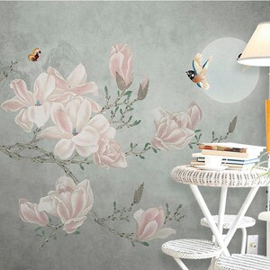 Floral Removable Wallpaper Gray Pink Peel and Stick Wall - Etsy