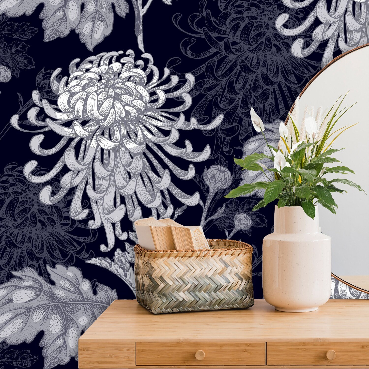 Large Flower Removable Wallpaper Dark Floral Peel and Stick Etsy