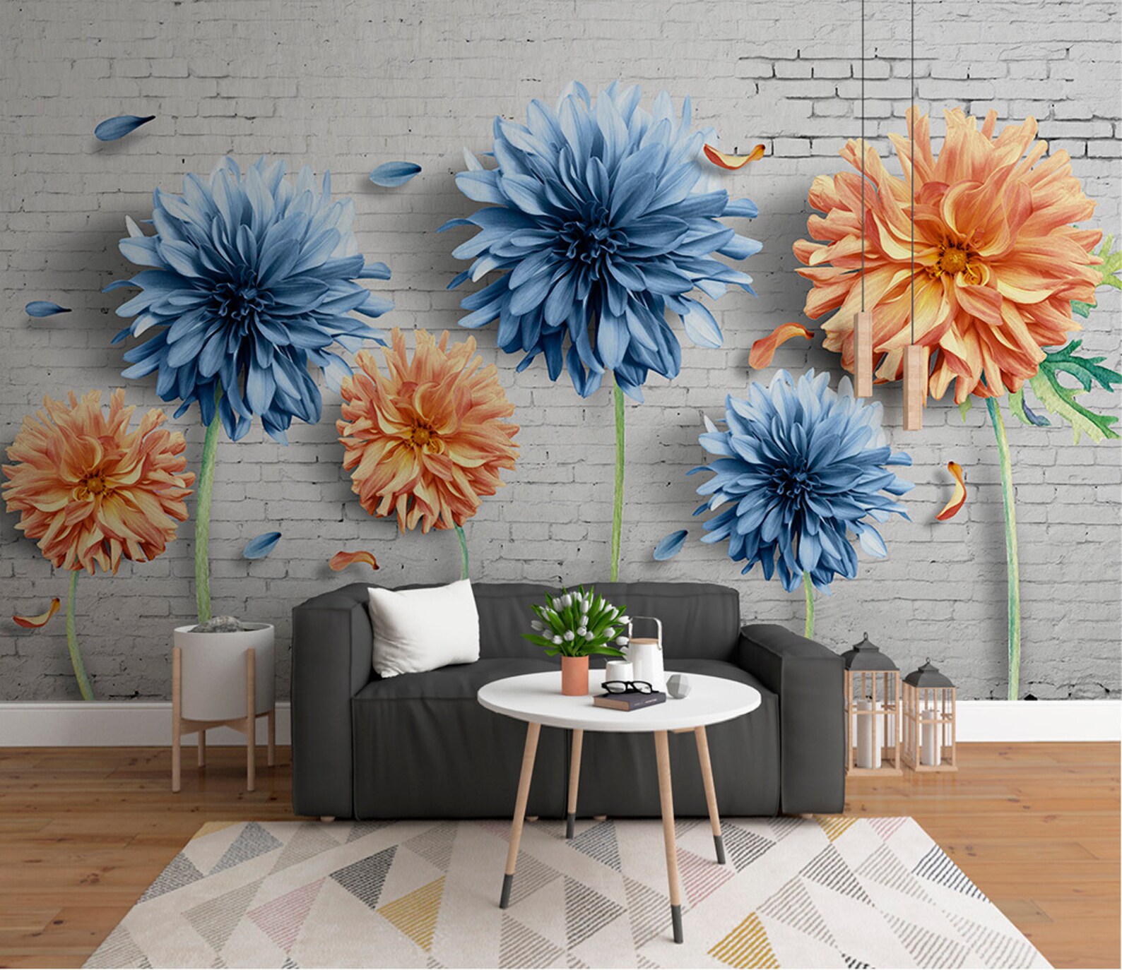 Removable wallpaper Blue Orange Floral Peel and Stick Wall | Etsy