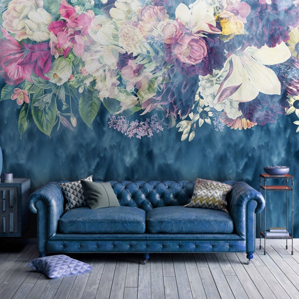 Dark Blue Floral Wallpaper Mural, Flower Wall Art | Botanical Large Floral Wallpaper Peel and Stick | Plant Temporary Wallpaper Decor # 503
