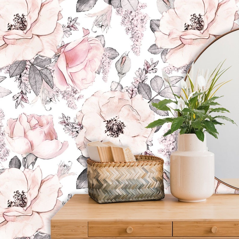 Pink Roses Wallpaper Flower Wallpaper Floral Wall Paper Etsy