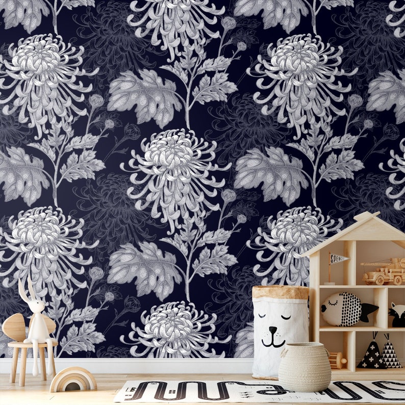 Large Flower Removable Wallpaper Dark Floral Peel and Stick Etsy