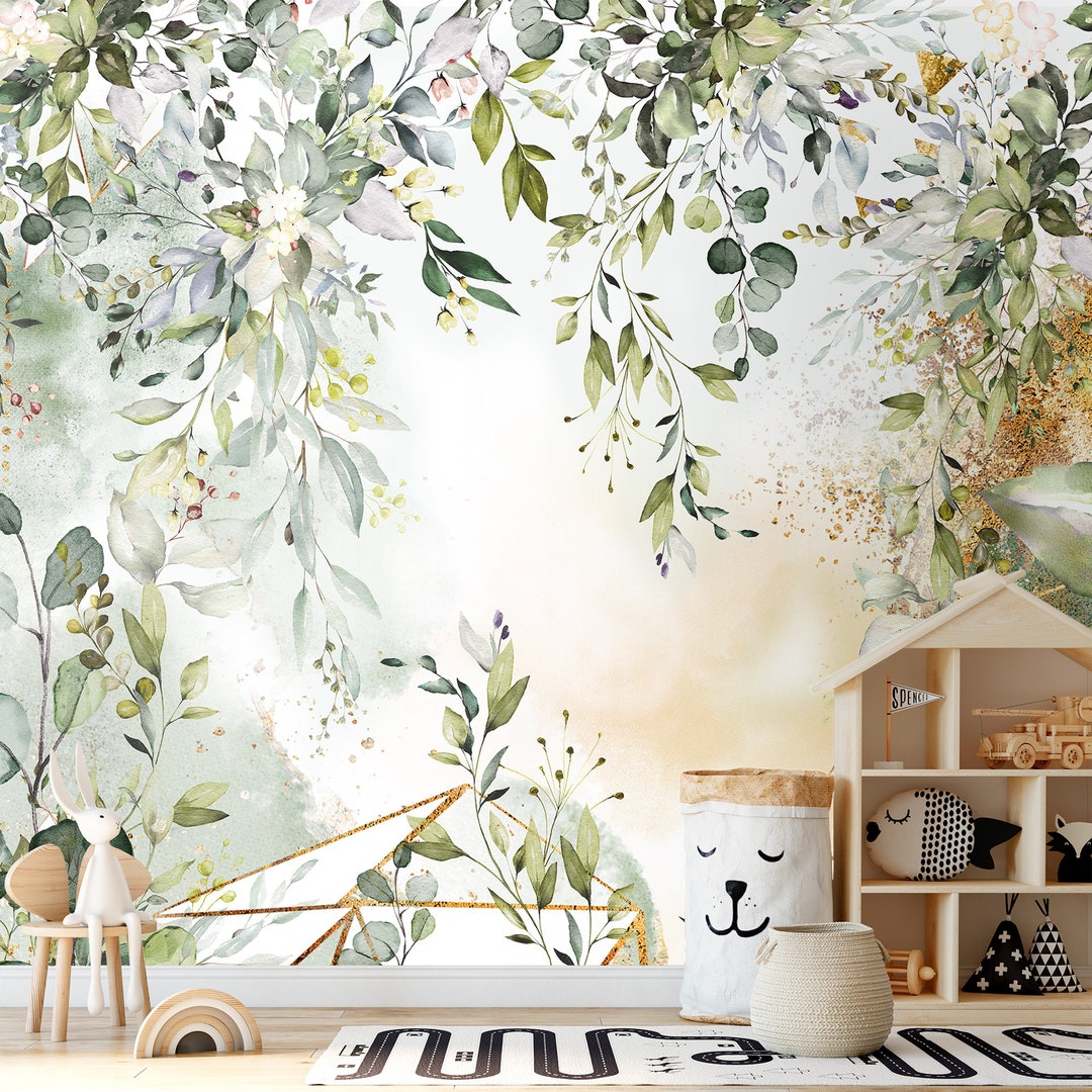 Botanical Wallpaper Mural, Removable Wallpaper Green Peel and Stick