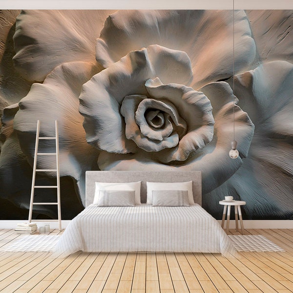 3D Floral Removable wallpaper | Peel and Stick Wall Mural for Bedroom or Living room | Custom Beige Wallpaper #20