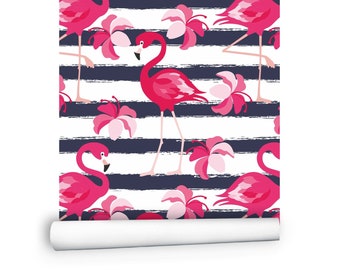 Pink Flamingo Removable wallpaper | Striped Peel and Stick Wall Paper | Tropical pink blue mural #222