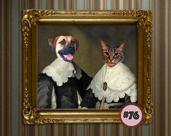 Custom Pet Portrait from your photo | Family portrait | Dog and Cat Portrait | Pet lovers gift | Painting Art Renaissance pet | For two pets