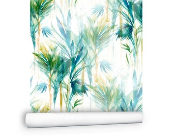 Green Leaves Removable wallpaper | Botanical Watercolor Peel and Stick Wall Paper for Bedroom or Living room | Green Leaf Wall Art # 298