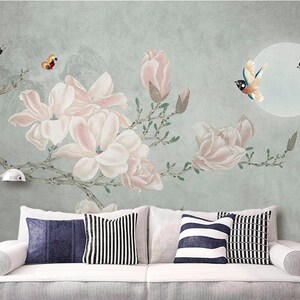 Floral Removable Wallpaper Gray Pink Peel and Stick Wall - Etsy
