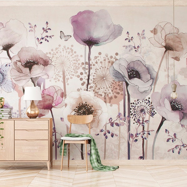 Beige Purple Floral Removable wallpaper | Watercolor Flower Peel and Stick Wall Mural for Bedroom Living room | Poppy Wallpaper #37