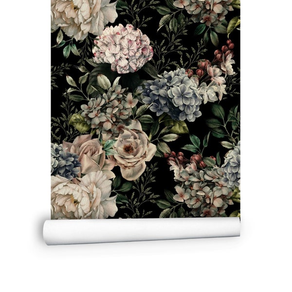 Dark Floral Removable wallpaper | Large Flower Peel and Stick Wall Paper for Bedroom or Living room | Wallpaper Vintage # 304