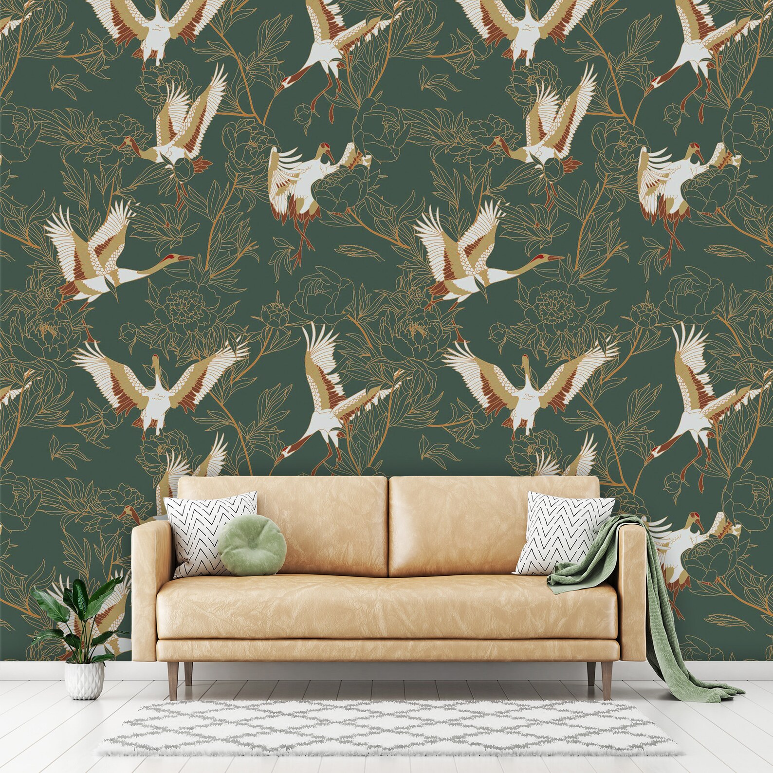 Green Wallpaper Crane Wallpaper Chinoiserie Wallpaper Etsy