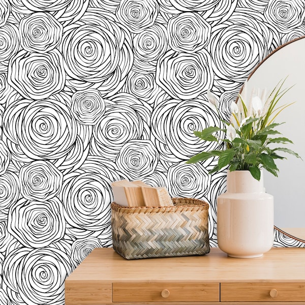 Abstract Roses Removable wallpaper | Black Flower Peel and Stick Wall Paper for Bedroom or Living room | Floral Pattern # 403