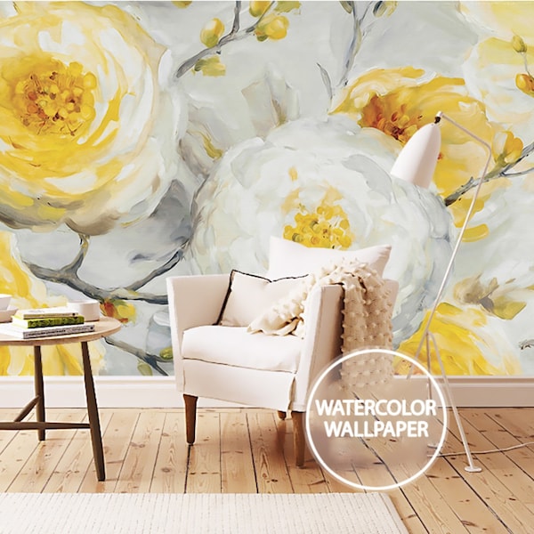 Peony Watercolor Gray Yellow Wallpaper Mural | Botanical Removable Wallpaper Peel and Stick for Bedroom Living Room | Flower Wallpaper # 479