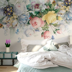 Flower Wallpaper, Removable wallpaper | Colorful Floral Peel and Stick Wall Mural for Bedroom or Living Room | Botanical Wallpaper #17