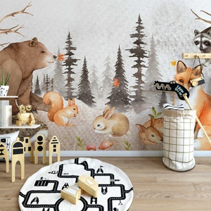 Animal Wallpaper Mural, Forest Friends Nursery Wallpaper - Woodland Wallpaper Roll for Kids, Pastel Nature Wallpaper Peel and Stick # 523