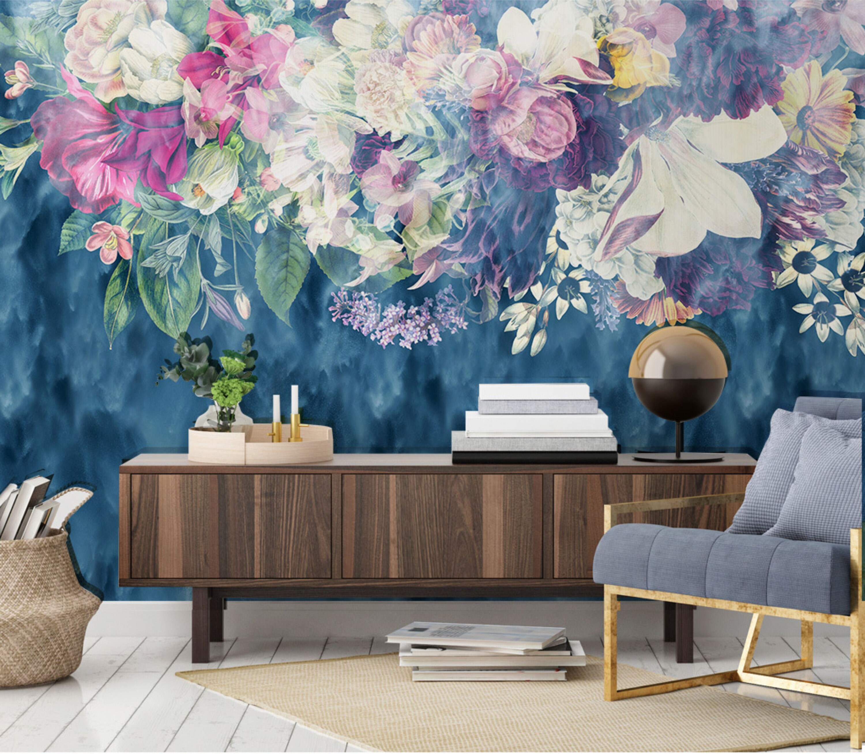 Dark Blue Floral Wallpaper Mural Flower Wall Art Botanical Etsy