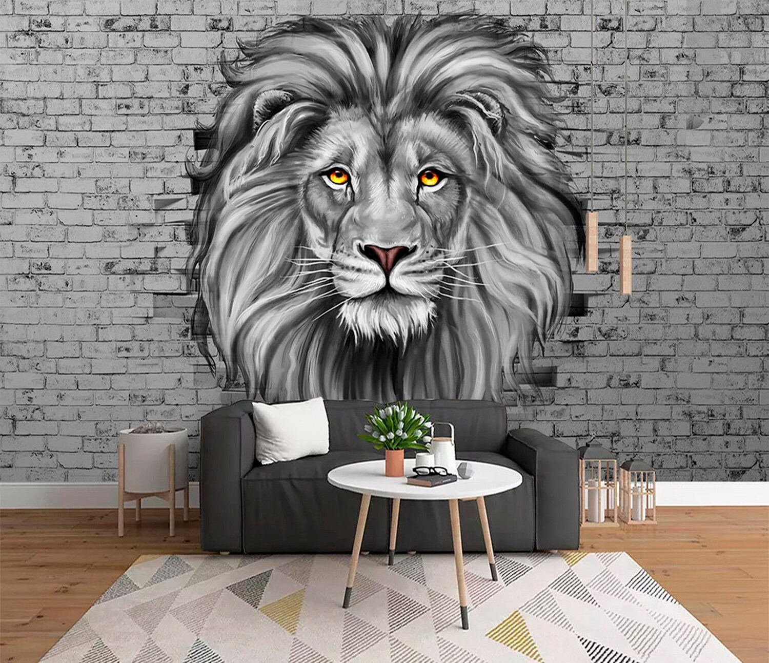 3D Lion King Selfadhesive Wall Mural Gray Brick Removable Etsy