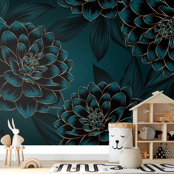 Dark Green Wallpaper Floral Wallpaper Botanical Wallpaper - Etsy