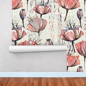 Red Flower Removable Wallpaper Poppy Peel and Stick Wall Paper for ...
