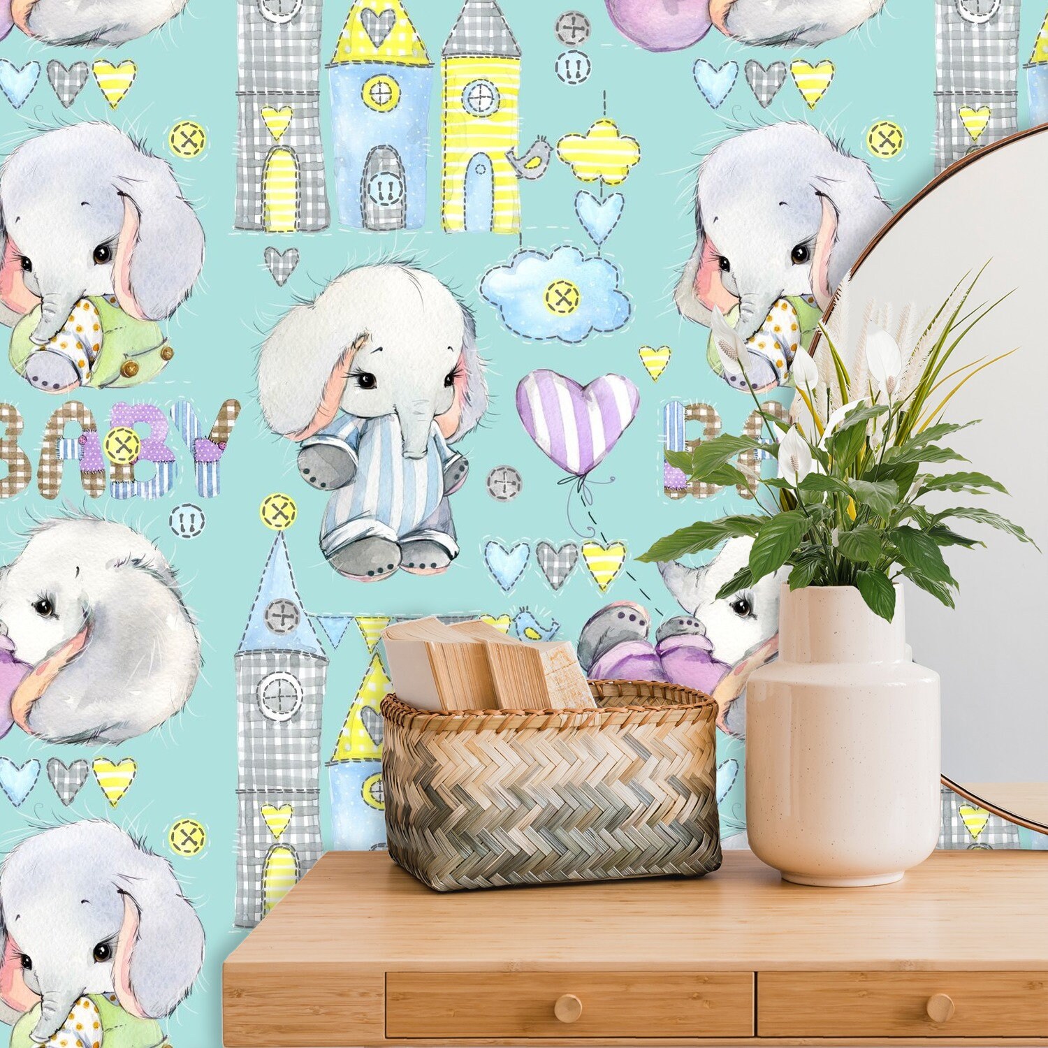 Cute Elephant Removable Wallpaper Kids Peel and Stick Wall Etsy