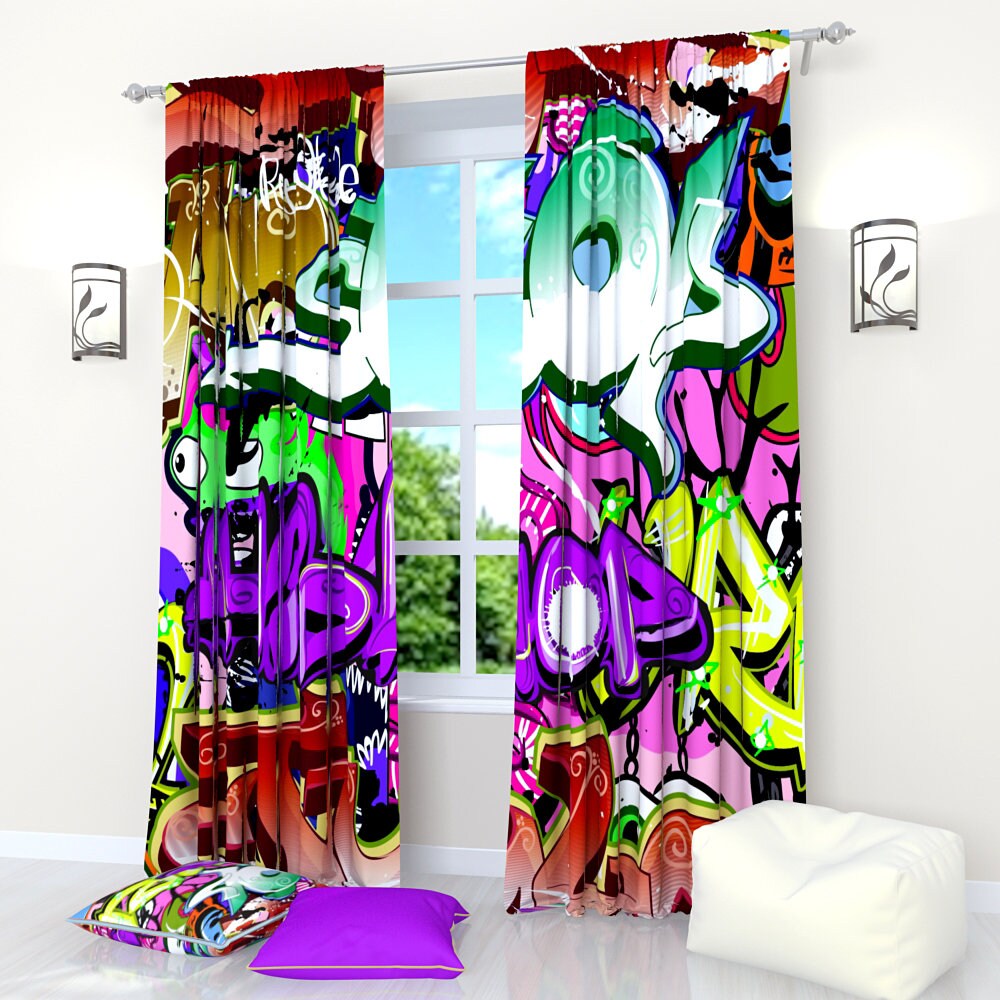 Graffiti Curtain Panels Teen Room Window Curtains Boys Etsy