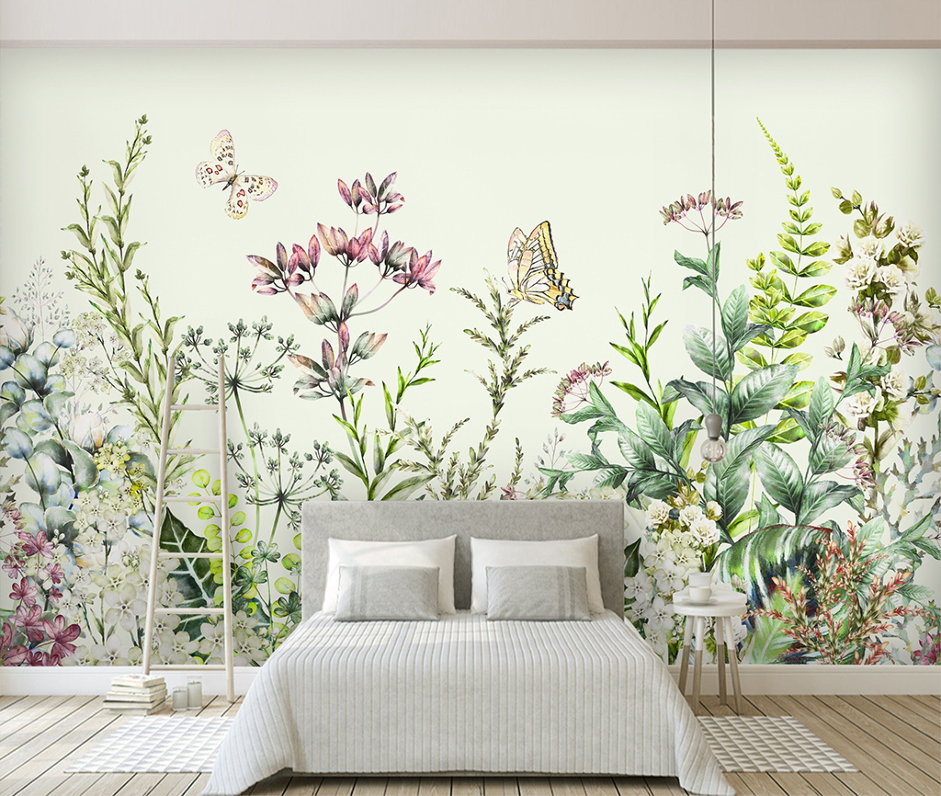 Large Floral Wallpaper Mural Wildflowers Wallpaper White Etsy