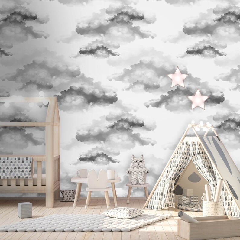 Cloud Nursery Wallpaper Temporary Watercolor Gray Sky Wall Etsy
