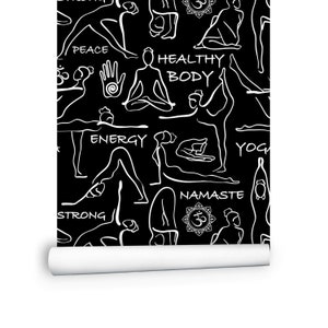 Yoga poses wallpaper | Black White Peel and Stick Wall Paper for Bedroom Gym or Living room | Removable wallpaper #209