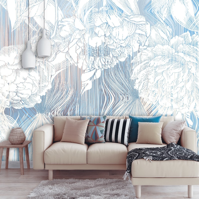 Blue Wallpaper Floral Wallpaper Mural Flower Removable Peel Etsy