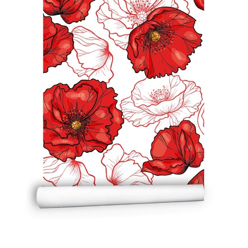 Black and Red Floral Peel and Stick Wallpaper / Poppy Etsy