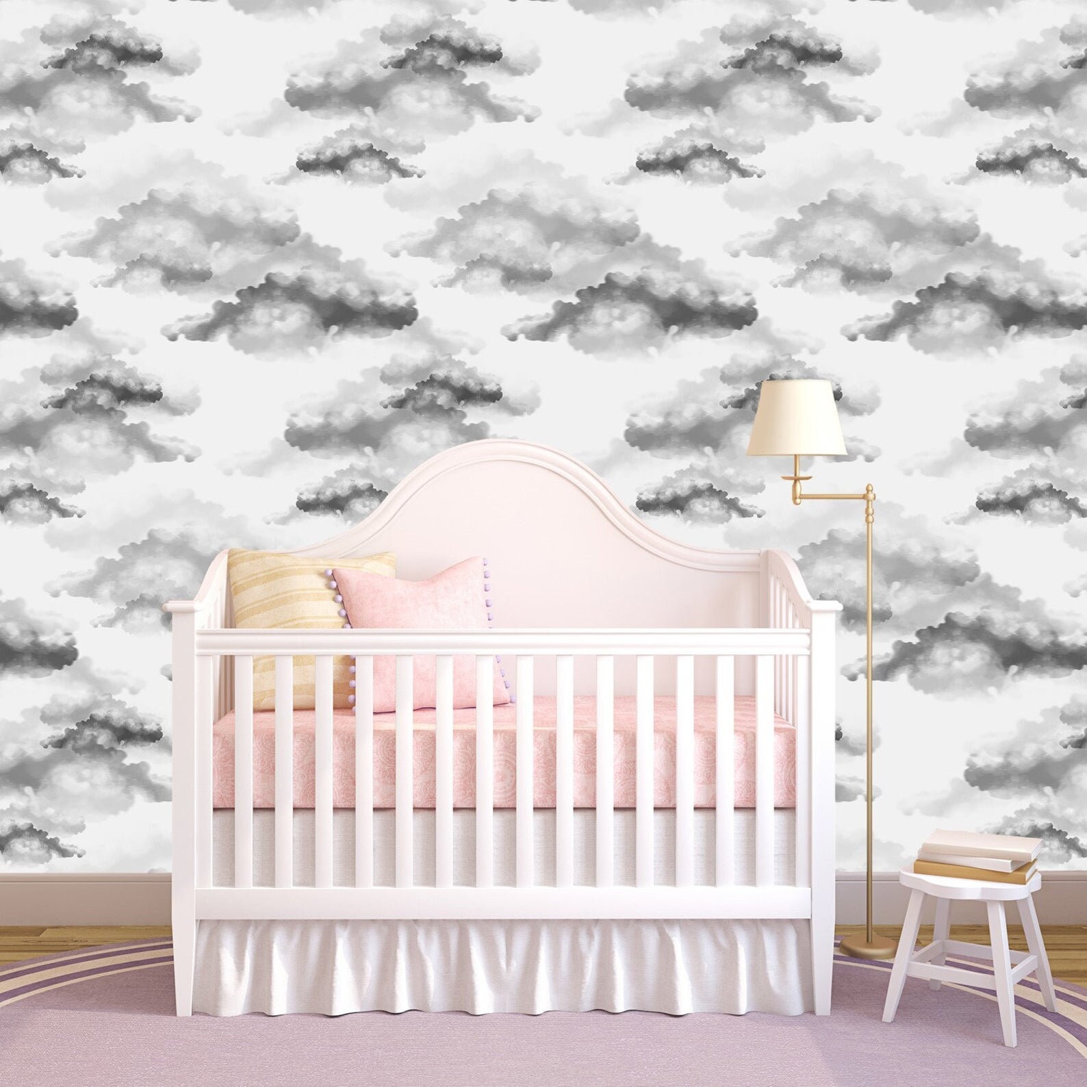 Cloud Nursery Wallpaper Temporary Watercolor Gray Sky Wall - Etsy