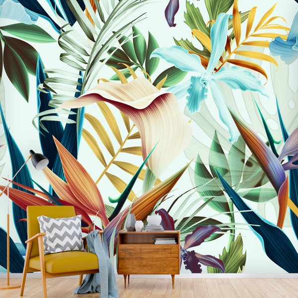 Tropical Wallpaper Peel and Stick, Floral Wallpaper Mural - Blue Green Wallpaper, Removable Wallpaper - Modern Self Adhesive Wallpaper # 575