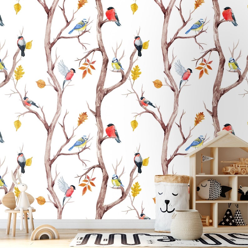 Birds Removable wallpaper Tree Peel and Stick Wall Paper for | Etsy
