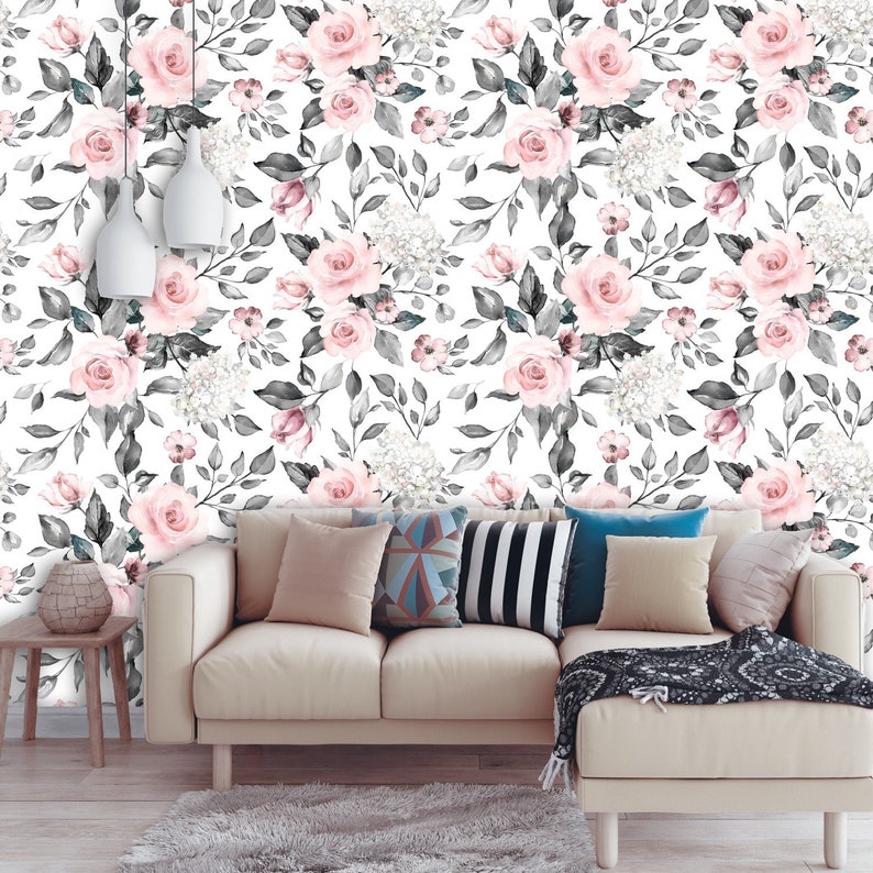 Watercolor Roses Peel and Stick Wallpaper Vintage Floral Etsy