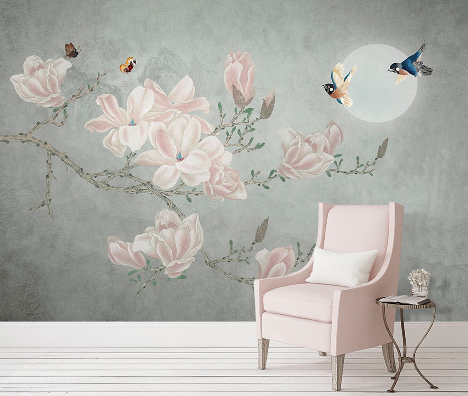 Floral Removable Wallpaper Gray Pink Peel and Stick Wall - Etsy