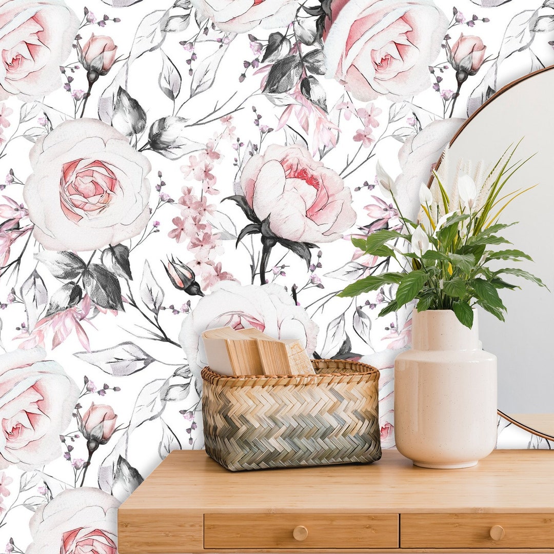 Pink Roses Removable Wallpaper Watercolor Flower Peel and Etsy