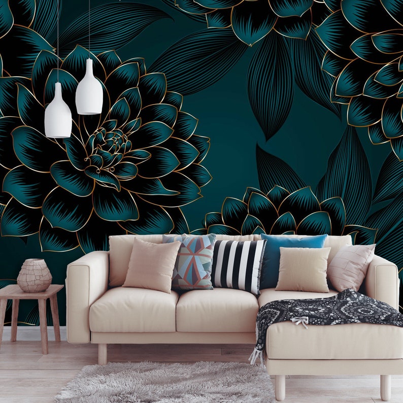 Dark Green Wallpaper Floral Wallpaper Botanical Wallpaper Etsy