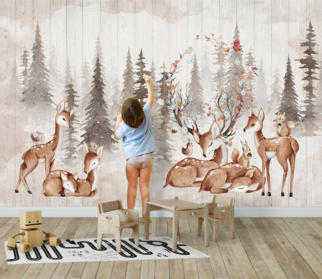 Deer Wallpaper Mural Kids Animal Print Baby Forest Wallpaper Peel and