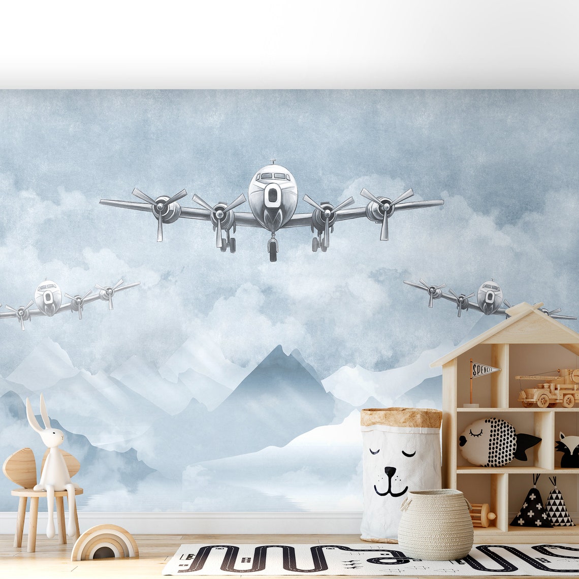 Blue Wallpaper Airplane Wallpaper Mural Nursery Wallpaper - Etsy