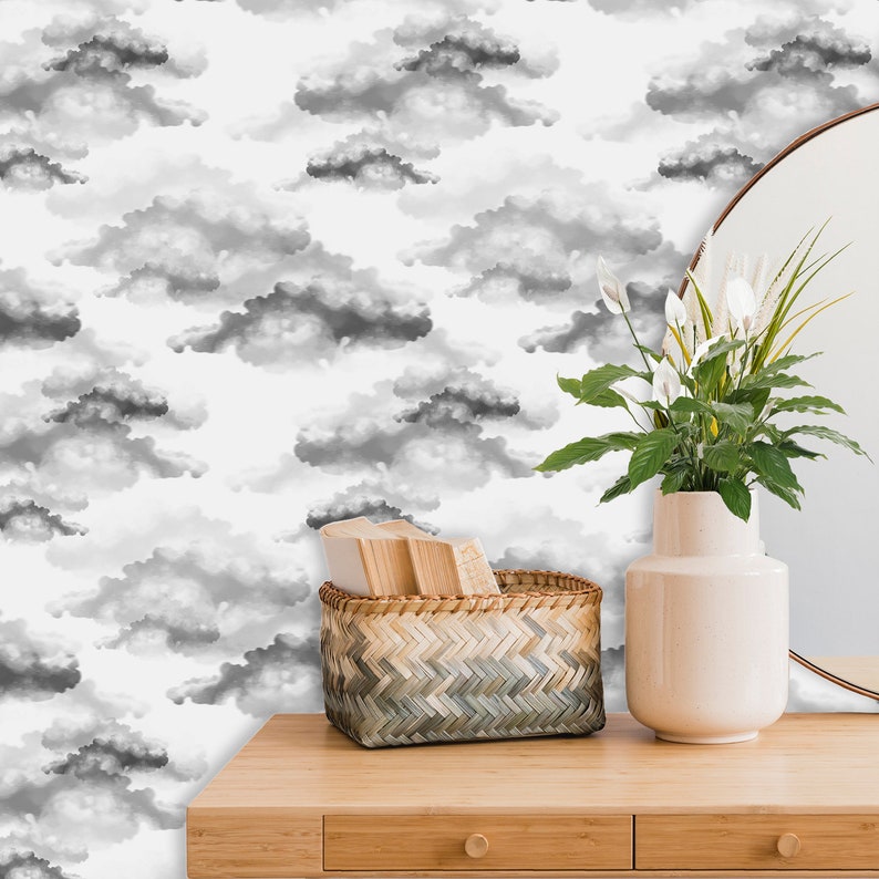 Cloud Nursery Wallpaper Temporary Watercolor Gray Sky Wall Etsy