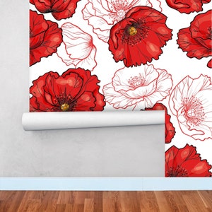 Red white floral wallpaper Peel and Stick Wall Paper for Bedroom or Living room Self adhesive wallpaper 213 image 2
