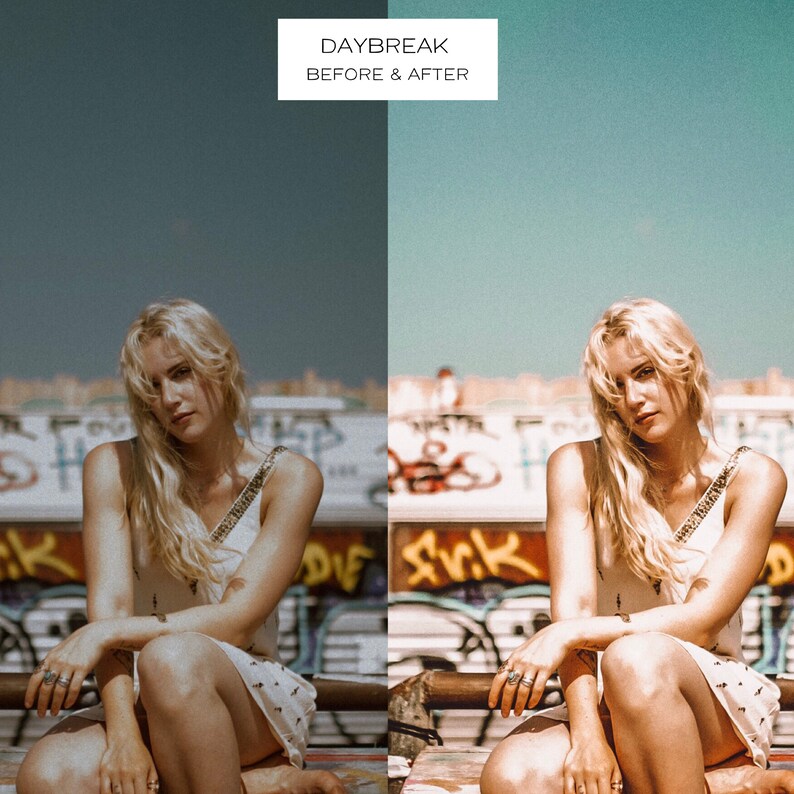 May include: A split-screen image with the text "DAYBREAK BEFORE & AFTER" at the top. The left side shows a woman in a white dress with a floral pattern, while the right side shows the same woman with a slightly different color tone. The background features graffiti and a blue sky.