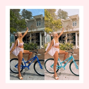 K&ouml;nnte beinhalten: Eine Frau in einem rosafarbenen Bikini und einer wei&szlig;en Tragetasche f&auml;hrt ein blaues Fahrrad mit einem wei&szlig;en Korb. Das Fahrrad hat das Wort "Taxi" auf dem Rahmen aufgedruckt. Die Frau l&auml;chelt und hat ihren Arm in die Luft gestreckt.