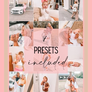 Op de afbeelding: Een collage van negen foto's met verschillende mensen en omgevingen. De foto's zijn gerangschikt in een 3x3 raster. De tekst "7 PRESETS included" is over de collage gelegd.