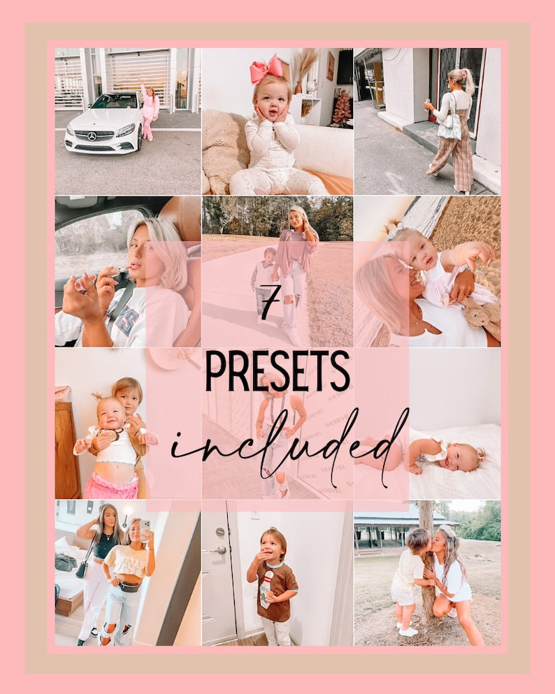 Op de afbeelding: Een collage van negen foto's met verschillende mensen en omgevingen. De foto's zijn gerangschikt in een 3x3 raster. De tekst "7 PRESETS included" is over de collage gelegd.