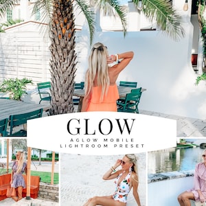May include: A collage of three photos featuring women wearing different outfits in outdoor settings. The photos are framed by a white banner with the text "GLOW A GLOW MOBILE LIGHTROOM PRESET".