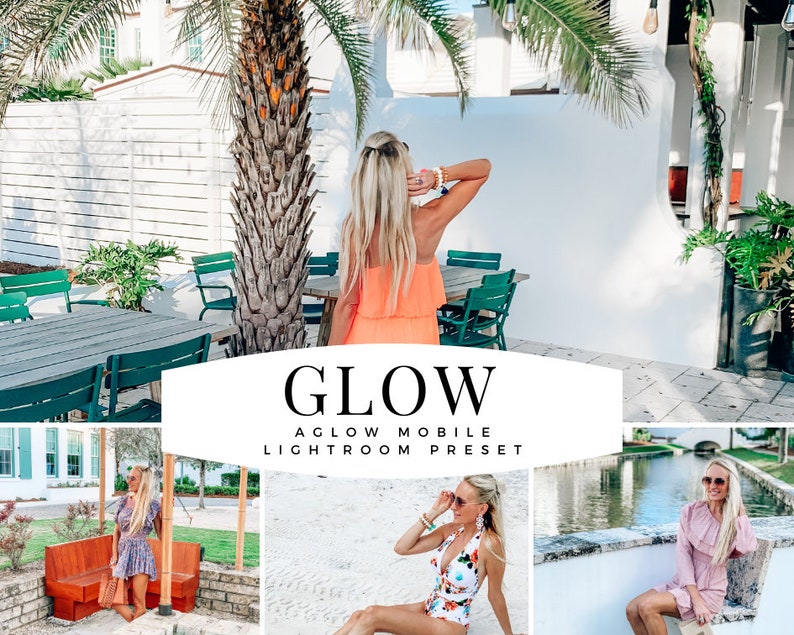May include: A collage of three photos featuring women wearing different outfits in outdoor settings. The photos are framed by a white banner with the text "GLOW A GLOW MOBILE LIGHTROOM PRESET".