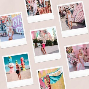 May include: A collage of photos featuring various neon signs and a woman in different outfits in Las Vegas. The photos are arranged in a grid pattern and have a vintage Polaroid aesthetic.