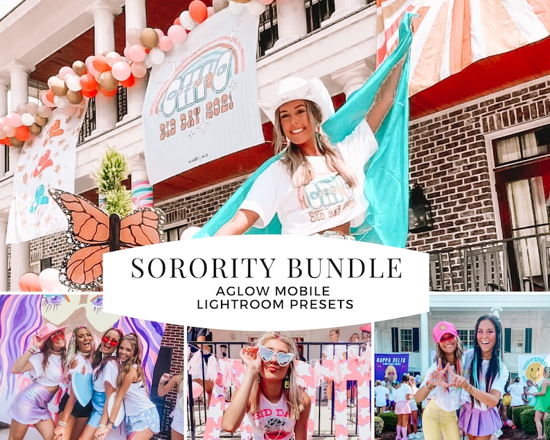 May include: A collage of photos featuring sorority sisters celebrating with colorful decorations, including a large butterfly, a sign that says "GDI Big Day 2021", and a pink and white sign that says "Big Day".